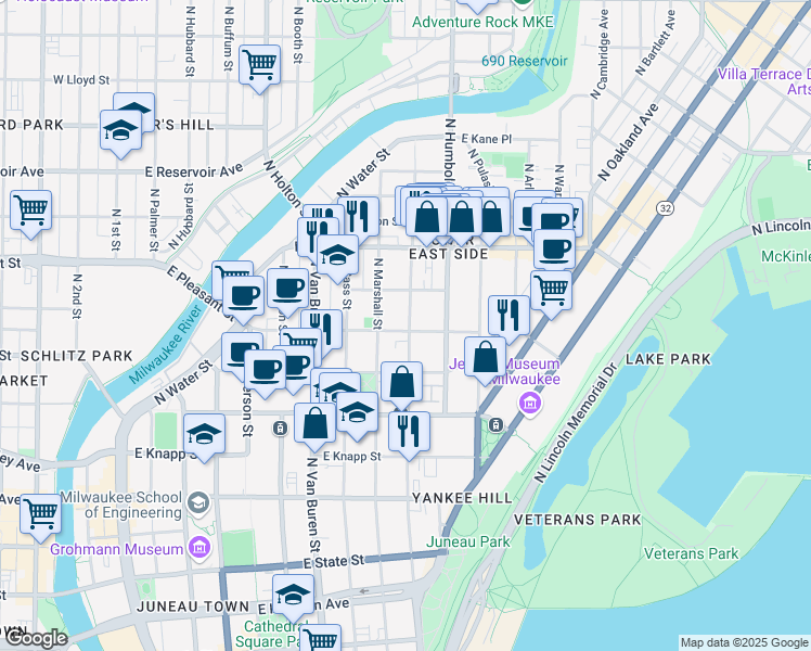 map of restaurants, bars, coffee shops, grocery stores, and more near 1527 North Astor Street in Milwaukee