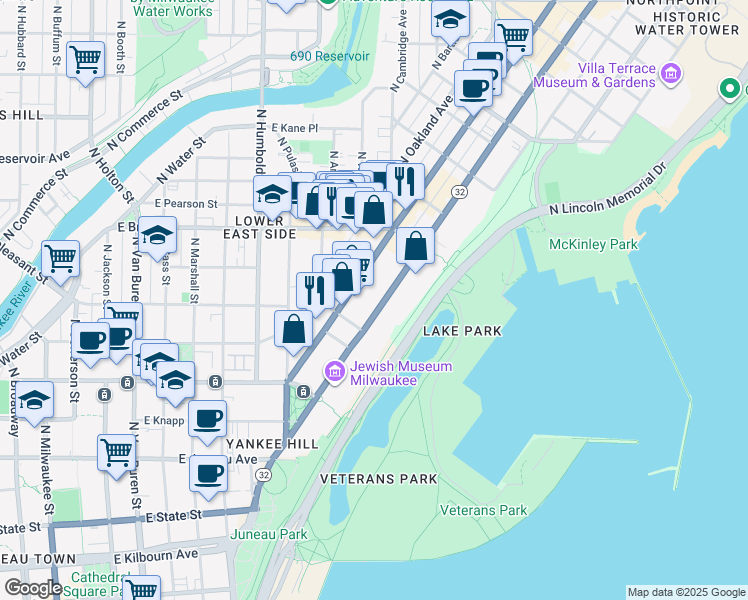 map of restaurants, bars, coffee shops, grocery stores, and more near 1567 North Prospect Avenue in Milwaukee