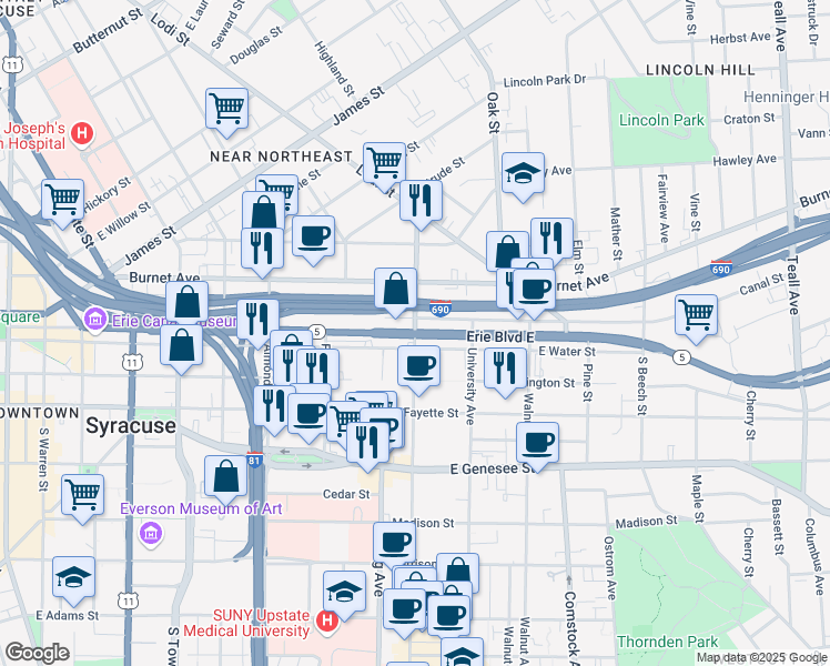 map of restaurants, bars, coffee shops, grocery stores, and more near 100 North Crouse Avenue in Syracuse