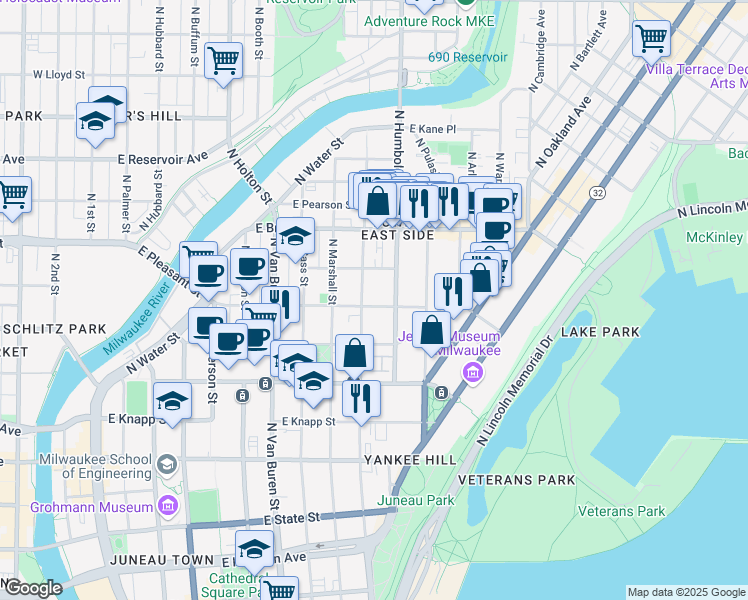 map of restaurants, bars, coffee shops, grocery stores, and more near 1012 East Pleasant Street in Milwaukee