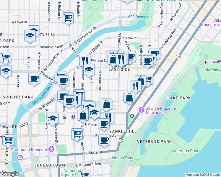 map of restaurants, bars, coffee shops, grocery stores, and more near 1527 North Astor Street in Milwaukee