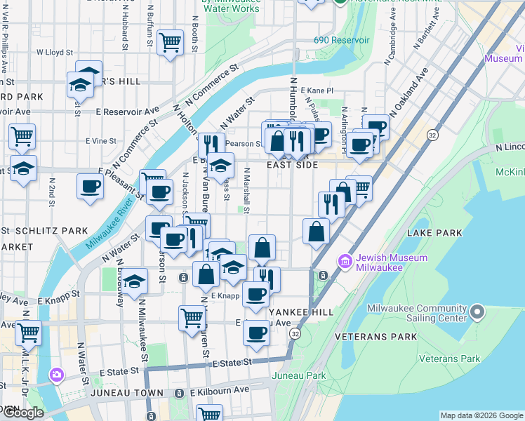 map of restaurants, bars, coffee shops, grocery stores, and more near 1607 North Astor Street in Milwaukee