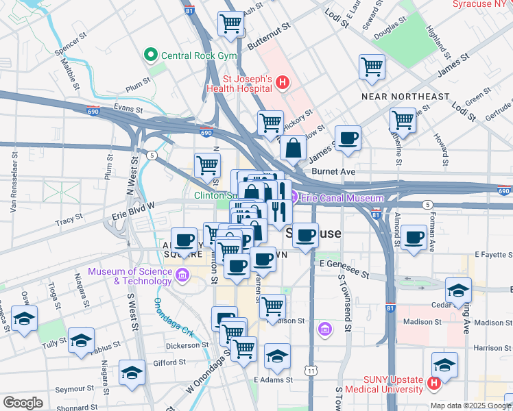map of restaurants, bars, coffee shops, grocery stores, and more near 219 East Genesee Street in Syracuse
