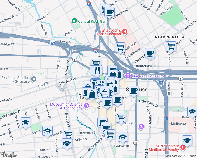 map of restaurants, bars, coffee shops, grocery stores, and more near 4 South Clinton Street in Syracuse