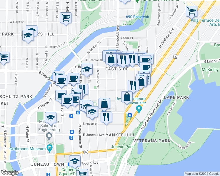 map of restaurants, bars, coffee shops, grocery stores, and more near 1012 East Pleasant Street in Milwaukee
