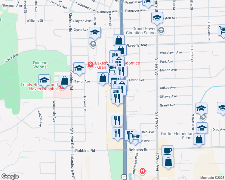map of restaurants, bars, coffee shops, grocery stores, and more near 1125 South Beacon Boulevard in Grand Haven