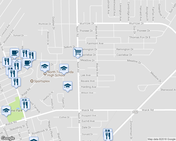 map of restaurants, bars, coffee shops, grocery stores, and more near 761 Daigler Drive in North Tonawanda