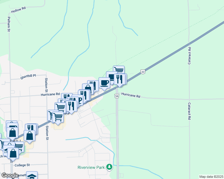 map of restaurants, bars, coffee shops, grocery stores, and more near 190 Highway 20 East in Welland