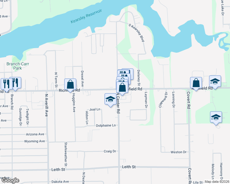 map of restaurants, bars, coffee shops, grocery stores, and more near 3838 Richfield Road in Flint
