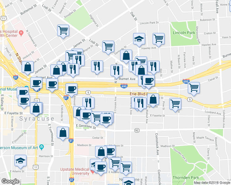 map of restaurants, bars, coffee shops, grocery stores, and more near 100 North Crouse Avenue in Syracuse