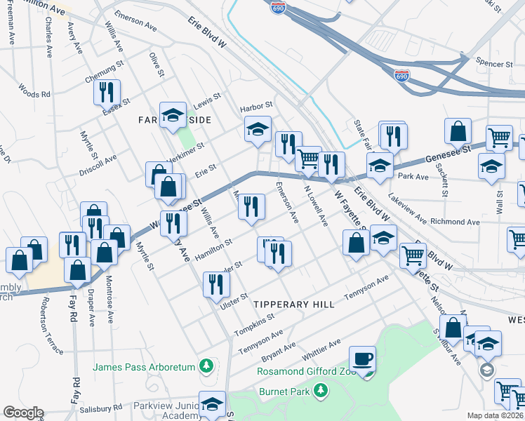 map of restaurants, bars, coffee shops, grocery stores, and more near 410 Hamilton Street in Syracuse
