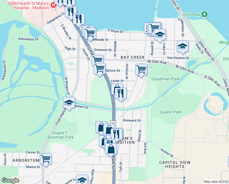 map of restaurants, bars, coffee shops, grocery stores, and more near 1407 Beld Street in Madison
