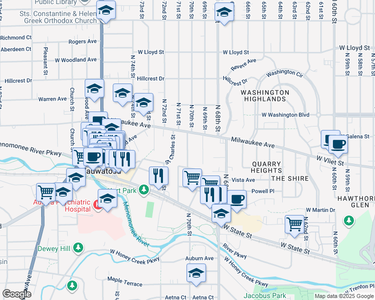 map of restaurants, bars, coffee shops, grocery stores, and more near North 70th Street in Wauwatosa