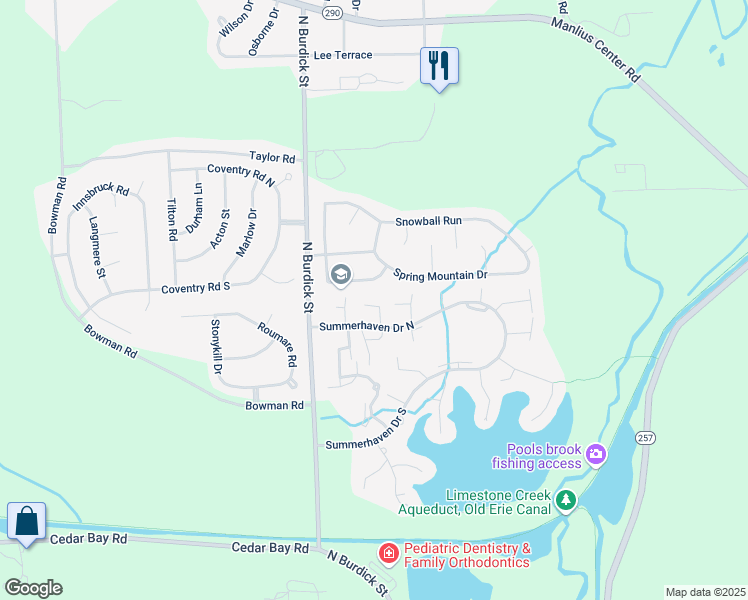 map of restaurants, bars, coffee shops, grocery stores, and more near 7268 Leafcrest Lane in East Syracuse