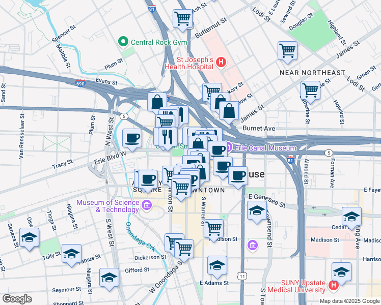 map of restaurants, bars, coffee shops, grocery stores, and more near 114-18 North Salina Street in Syracuse