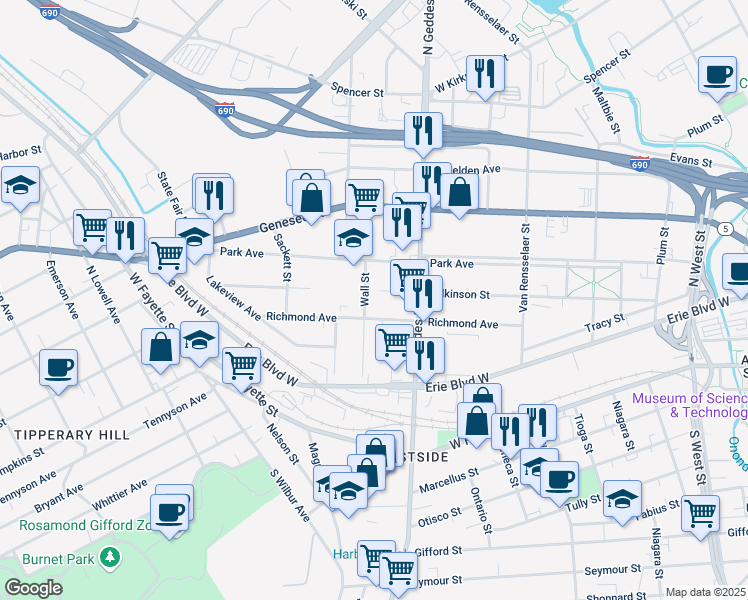 map of restaurants, bars, coffee shops, grocery stores, and more near 226 Wall Street in Syracuse