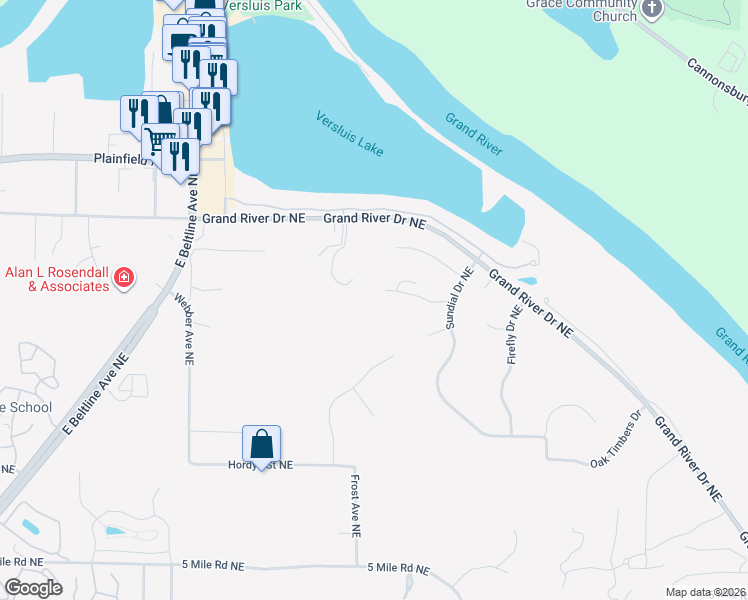 map of restaurants, bars, coffee shops, grocery stores, and more near 4003 Butterfly Court in Grand Rapids