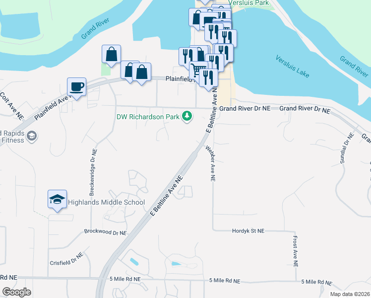 map of restaurants, bars, coffee shops, grocery stores, and more near 4881 East Beltline Avenue Northeast in Grand Rapids
