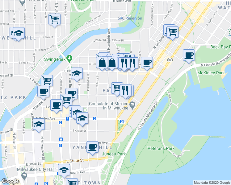 map of restaurants, bars, coffee shops, grocery stores, and more near 1637 North Franklin Place in Milwaukee