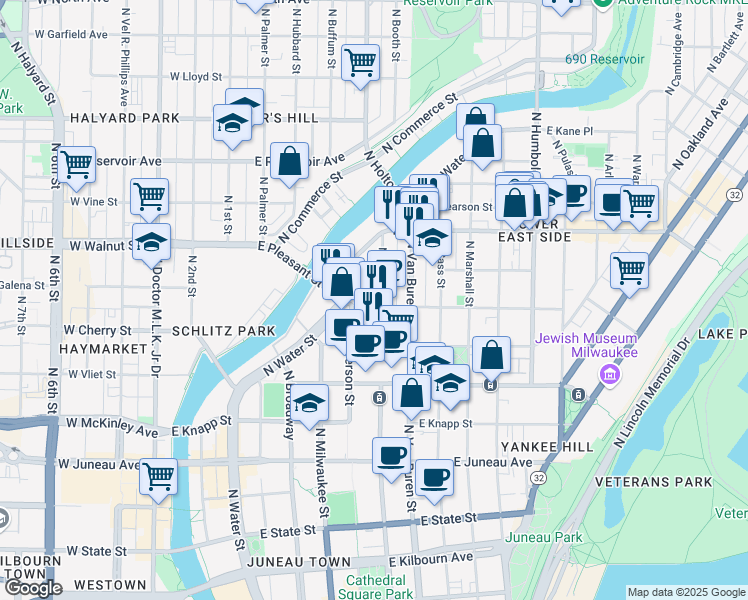 map of restaurants, bars, coffee shops, grocery stores, and more near 1634 North Jackson Street in Milwaukee