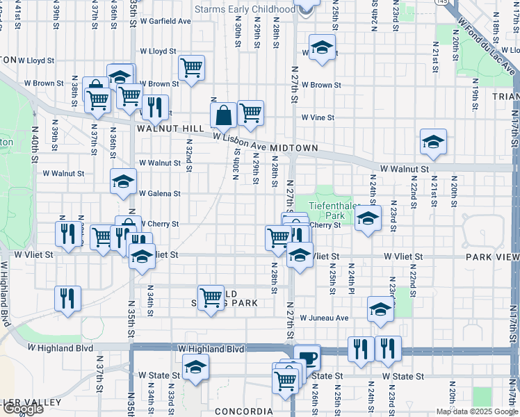 map of restaurants, bars, coffee shops, grocery stores, and more near 2828-2832 West Galena Street in Milwaukee