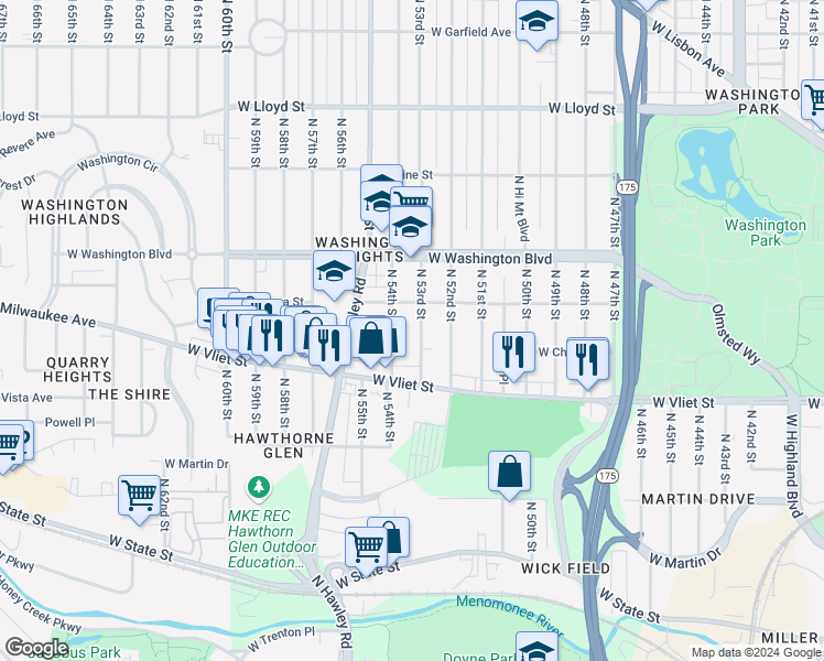 map of restaurants, bars, coffee shops, grocery stores, and more near 5329 West Galena Street in Milwaukee