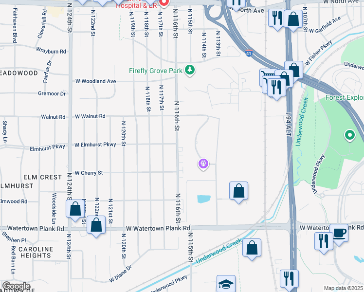 map of restaurants, bars, coffee shops, grocery stores, and more near 1617 North 116th Street in Milwaukee