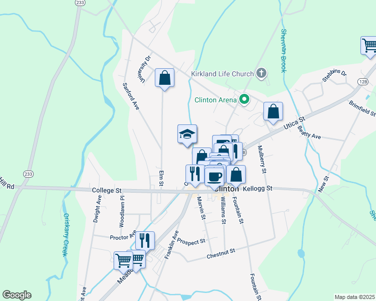 map of restaurants, bars, coffee shops, grocery stores, and more near 75 Chenango Avenue North in Clinton