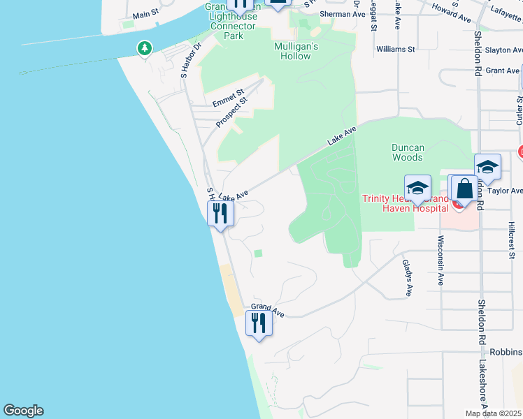 map of restaurants, bars, coffee shops, grocery stores, and more near 16 Crescent Hill in Grand Haven