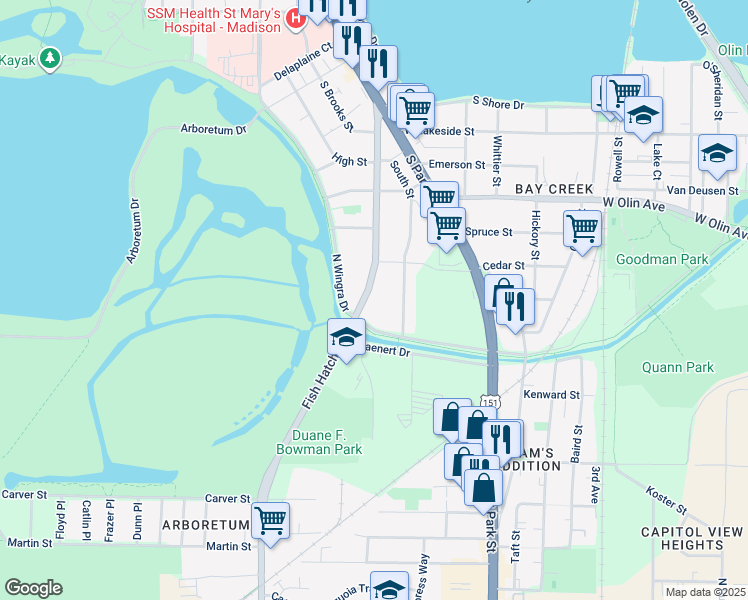 map of restaurants, bars, coffee shops, grocery stores, and more near 1355 Fish Hatchery Road in Madison