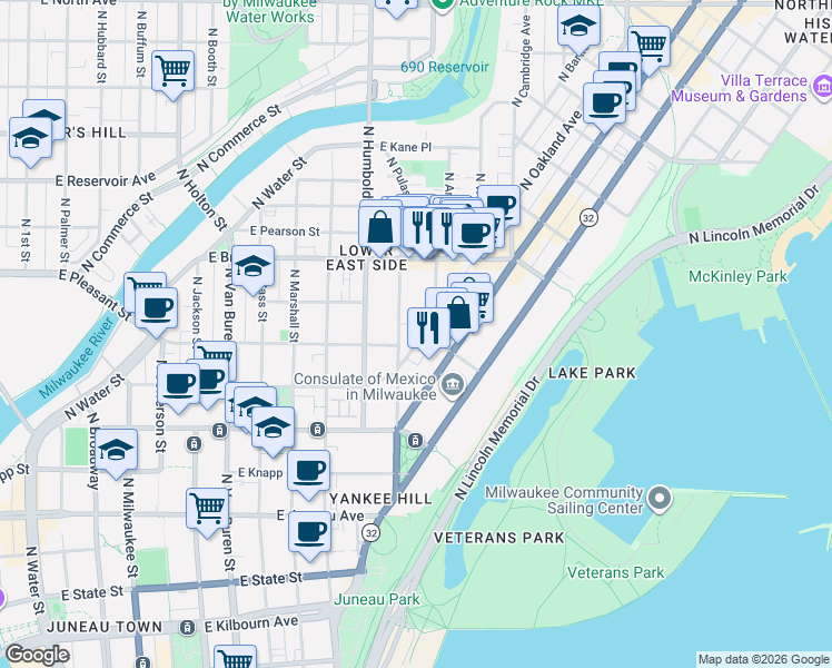 map of restaurants, bars, coffee shops, grocery stores, and more near 1585 North Warren Avenue in Milwaukee