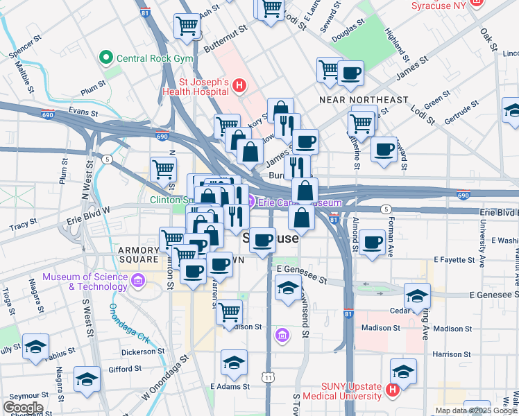map of restaurants, bars, coffee shops, grocery stores, and more near 360 Erie Boulevard East in Syracuse