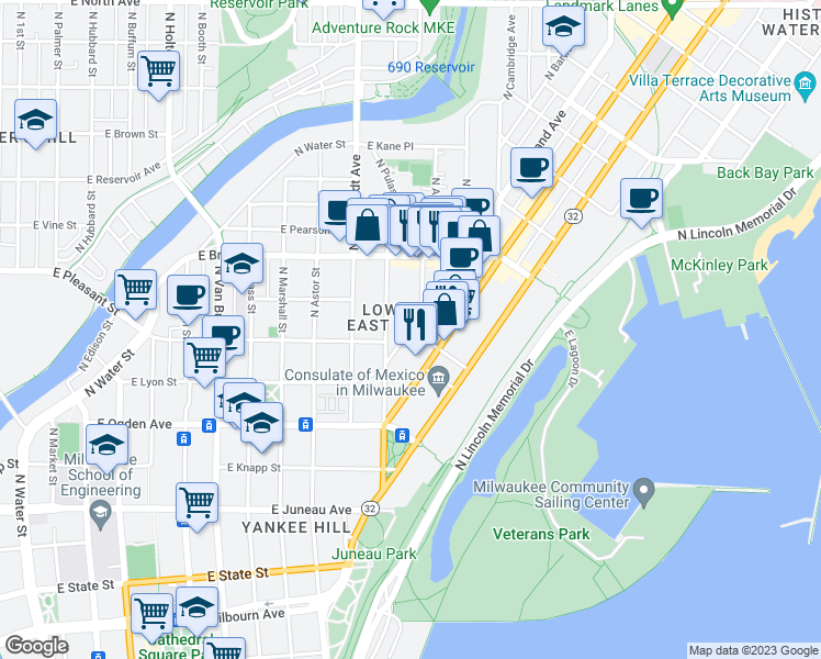map of restaurants, bars, coffee shops, grocery stores, and more near North Warren Avenue & East Albion Street in Milwaukee