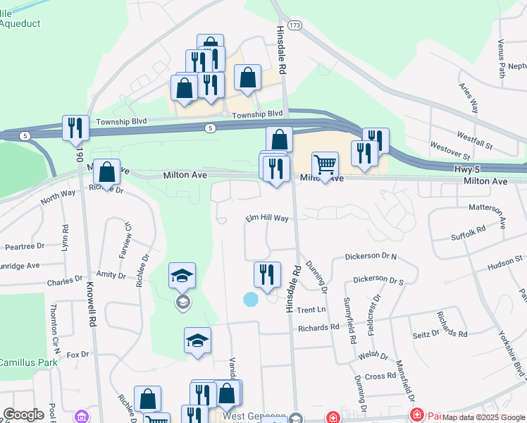 map of restaurants, bars, coffee shops, grocery stores, and more near 800 Eagle Lane in Camillus