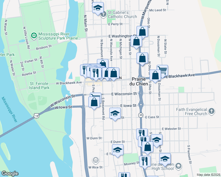 map of restaurants, bars, coffee shops, grocery stores, and more near 121 South Wacouta Avenue in Prairie du Chien