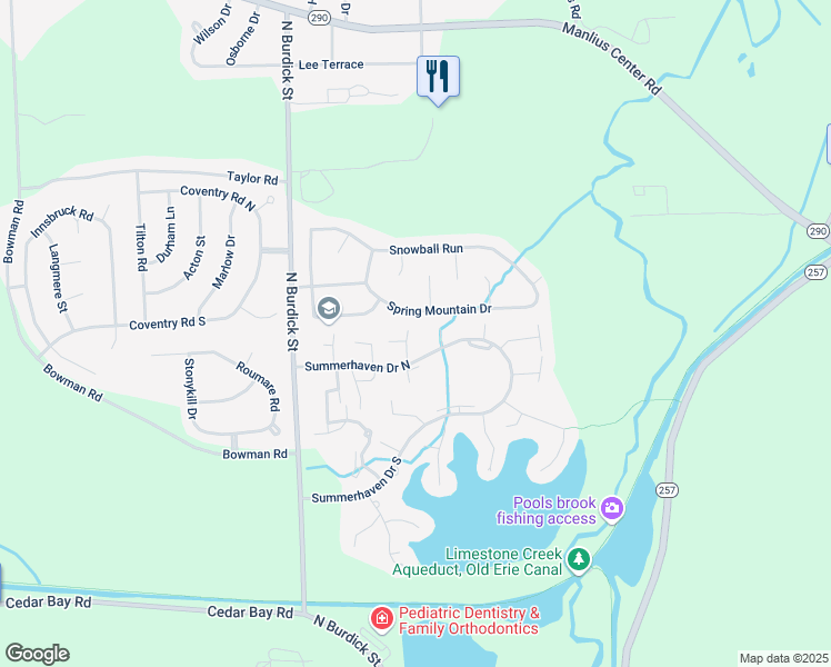 map of restaurants, bars, coffee shops, grocery stores, and more near 7361 Spring Mountain Drive in East Syracuse