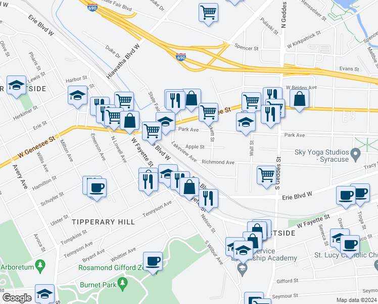 map of restaurants, bars, coffee shops, grocery stores, and more near 220 Lakeview Avenue in Syracuse