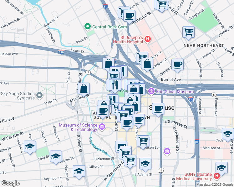 map of restaurants, bars, coffee shops, grocery stores, and more near 4 South Clinton Street in Syracuse