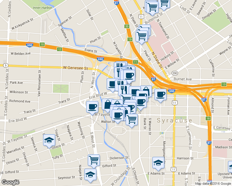 map of restaurants, bars, coffee shops, grocery stores, and more near in Syracuse