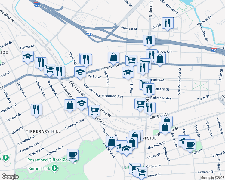 map of restaurants, bars, coffee shops, grocery stores, and more near 204 Sackett Street in Syracuse