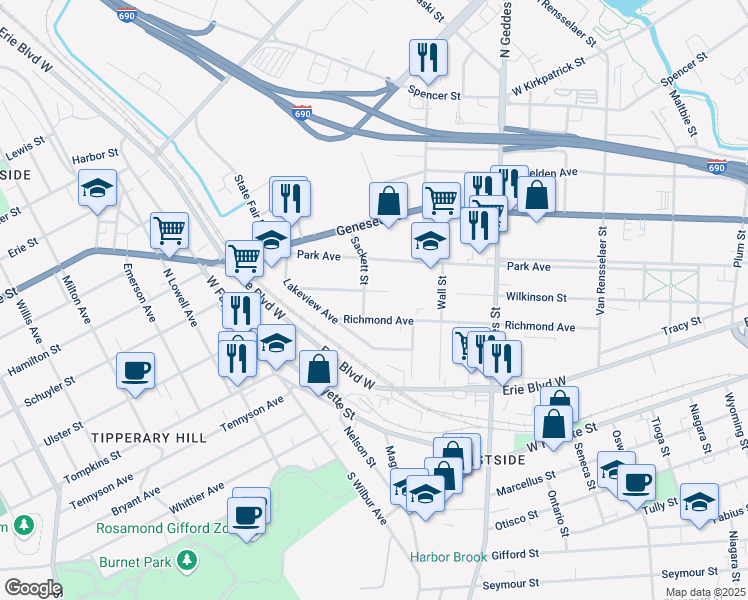 map of restaurants, bars, coffee shops, grocery stores, and more near 204 Sackett Street in Syracuse
