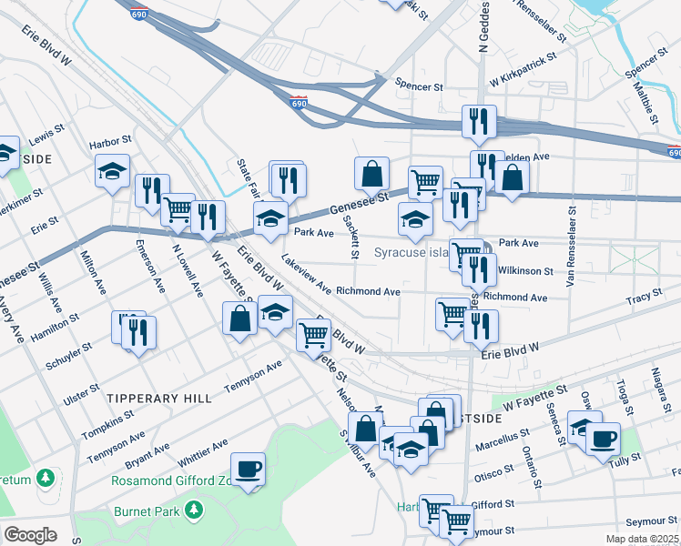map of restaurants, bars, coffee shops, grocery stores, and more near 320 Apple Street in Syracuse