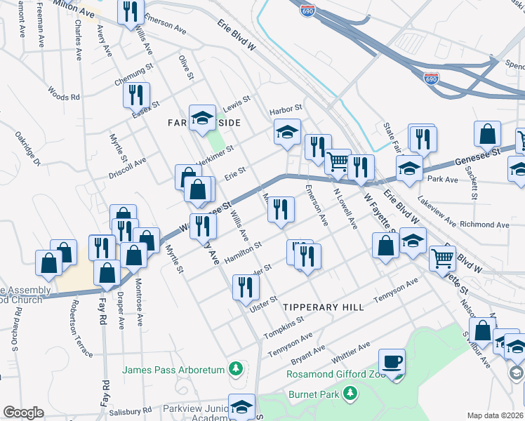 map of restaurants, bars, coffee shops, grocery stores, and more near 1711 West Genesee Street in Syracuse