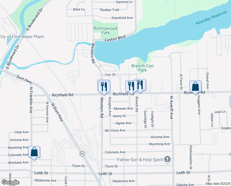 map of restaurants, bars, coffee shops, grocery stores, and more near 4123 Neebish Street in Flint
