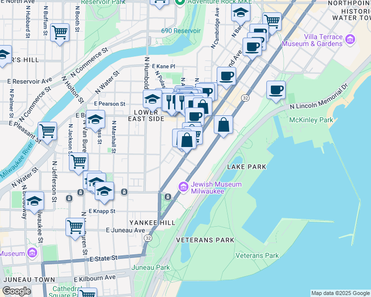 map of restaurants, bars, coffee shops, grocery stores, and more near 1601 North Farwell Avenue in Milwaukee