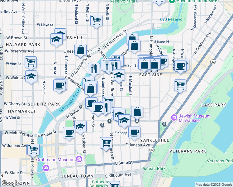 map of restaurants, bars, coffee shops, grocery stores, and more near 1636 North Van Buren Street in Milwaukee