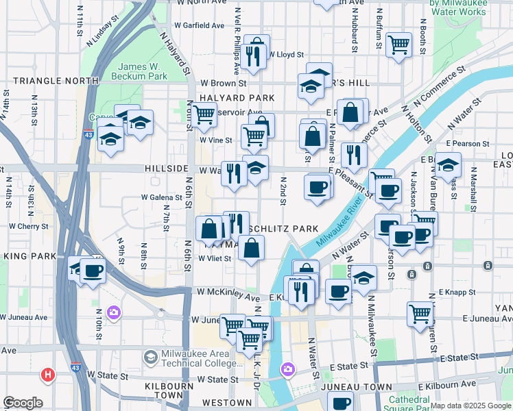 map of restaurants, bars, coffee shops, grocery stores, and more near 325 West Walnut Street in Milwaukee
