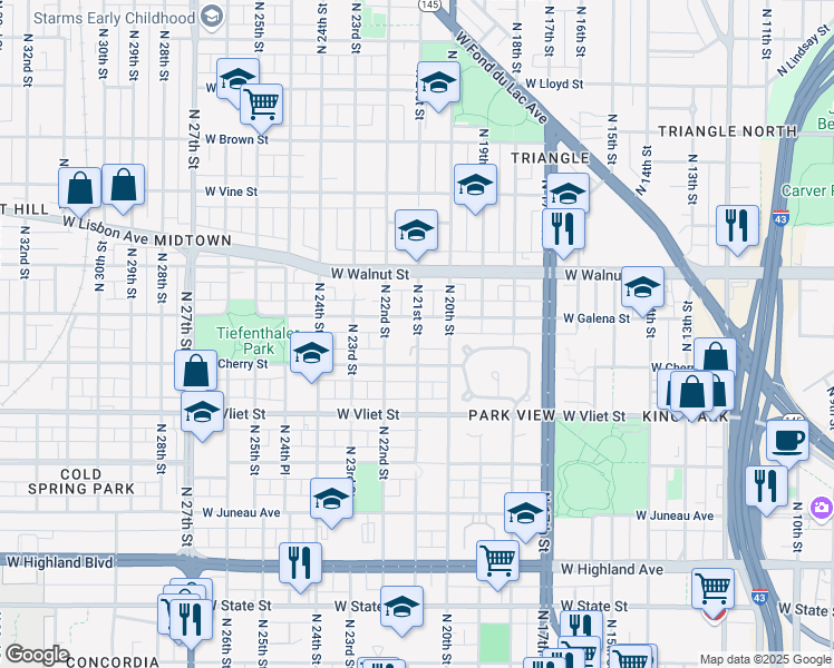 map of restaurants, bars, coffee shops, grocery stores, and more near 1607 North 21st Street in Milwaukee