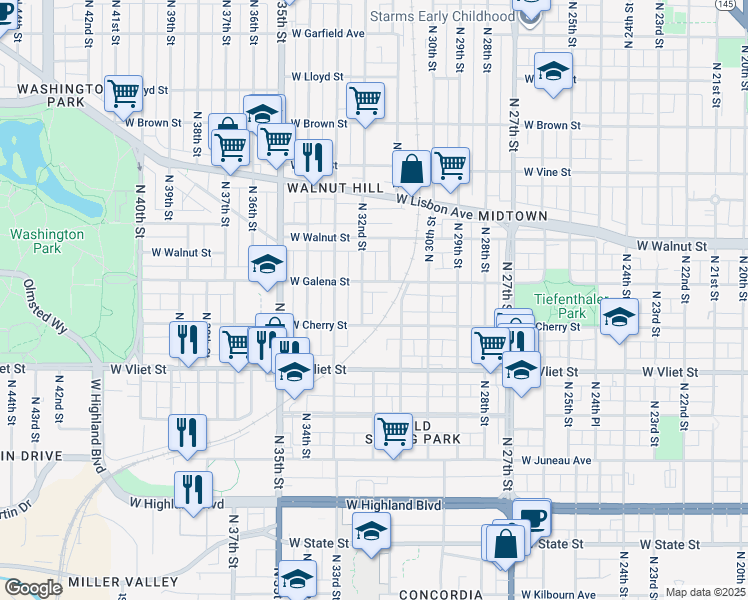 map of restaurants, bars, coffee shops, grocery stores, and more near 3124 West Galena Street in Milwaukee