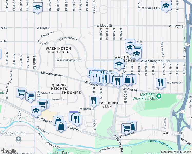 map of restaurants, bars, coffee shops, grocery stores, and more near 1550 North 60th Street in Milwaukee